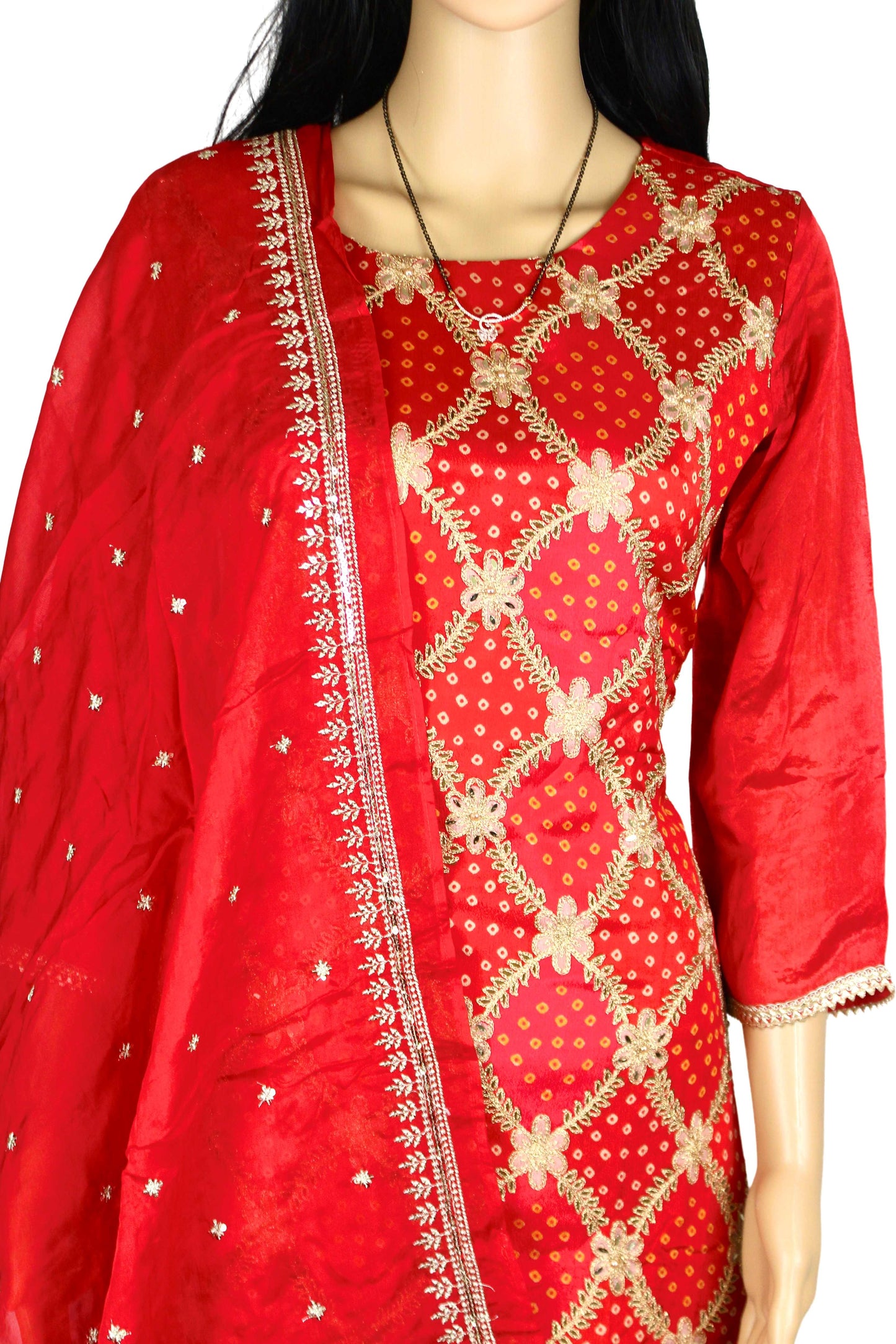 Stunning Red Bandhani 3-Piece Set – Embroidered Kurta with Mirror Work, Patiala Pants, and Luxe Sequence Dupatta – A Perfect Festive Attire