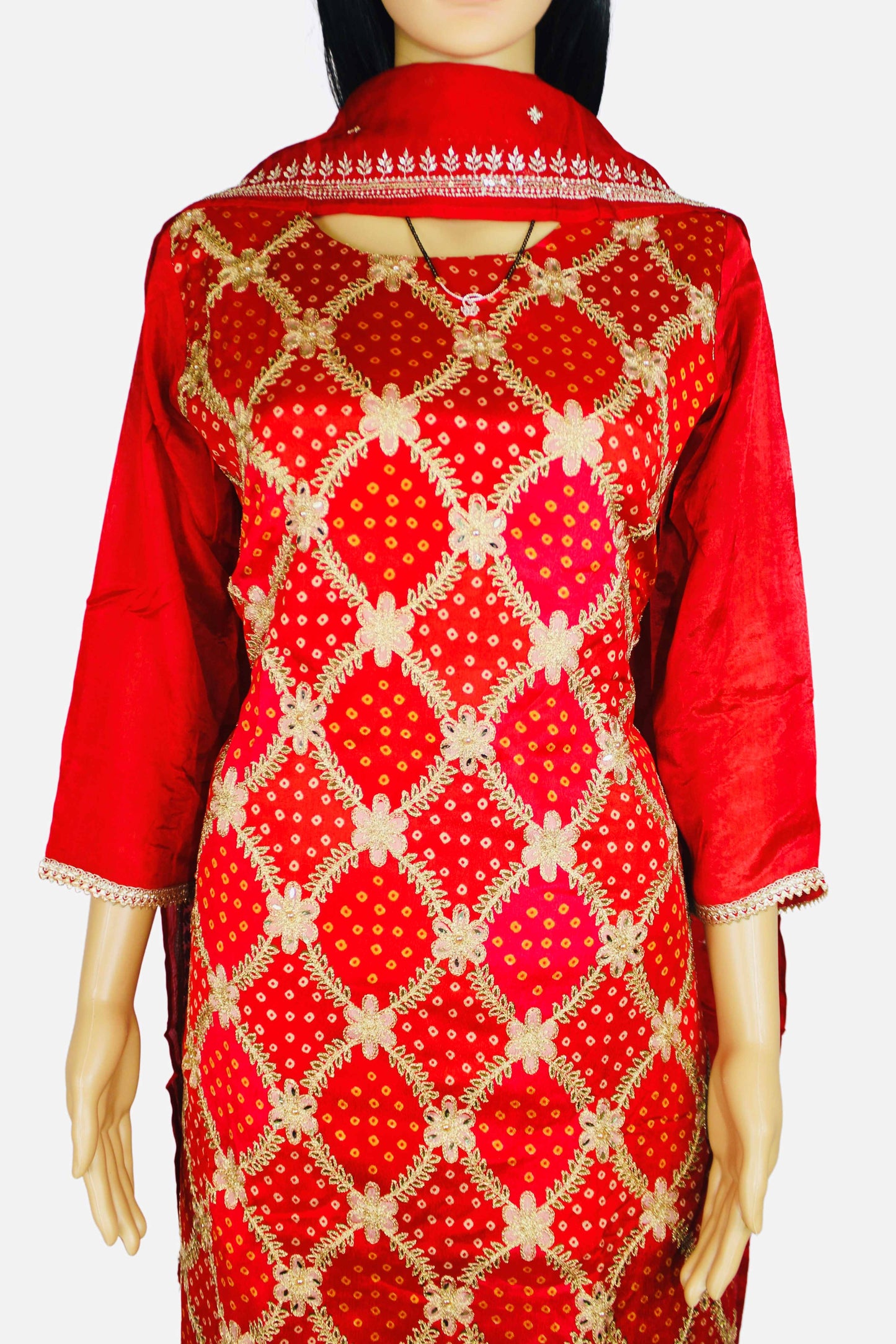 Stunning Red Bandhani 3-Piece Set – Embroidered Kurta with Mirror Work, Patiala Pants, and Luxe Sequence Dupatta – A Perfect Festive Attire