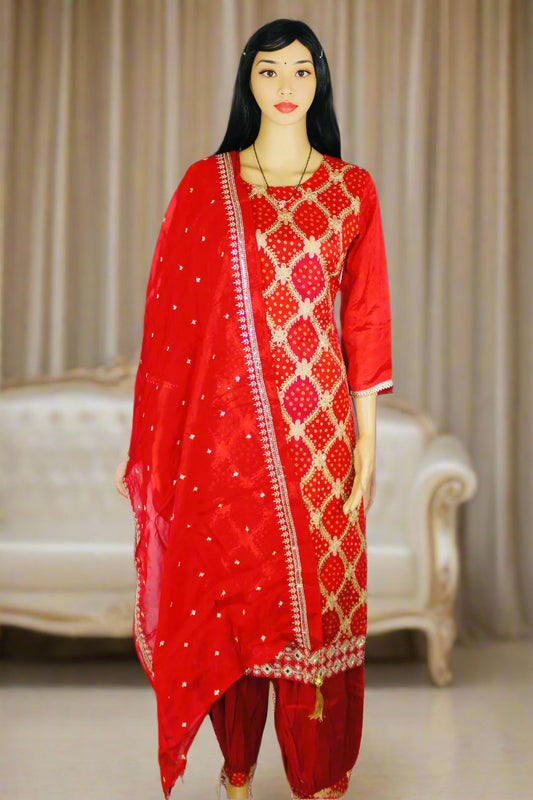 Stunning Red Bandhani 3-Piece Set – Embroidered Kurta with Mirror Work, Patiala Pants, and Luxe Sequence Dupatta – A Perfect Festive Attire