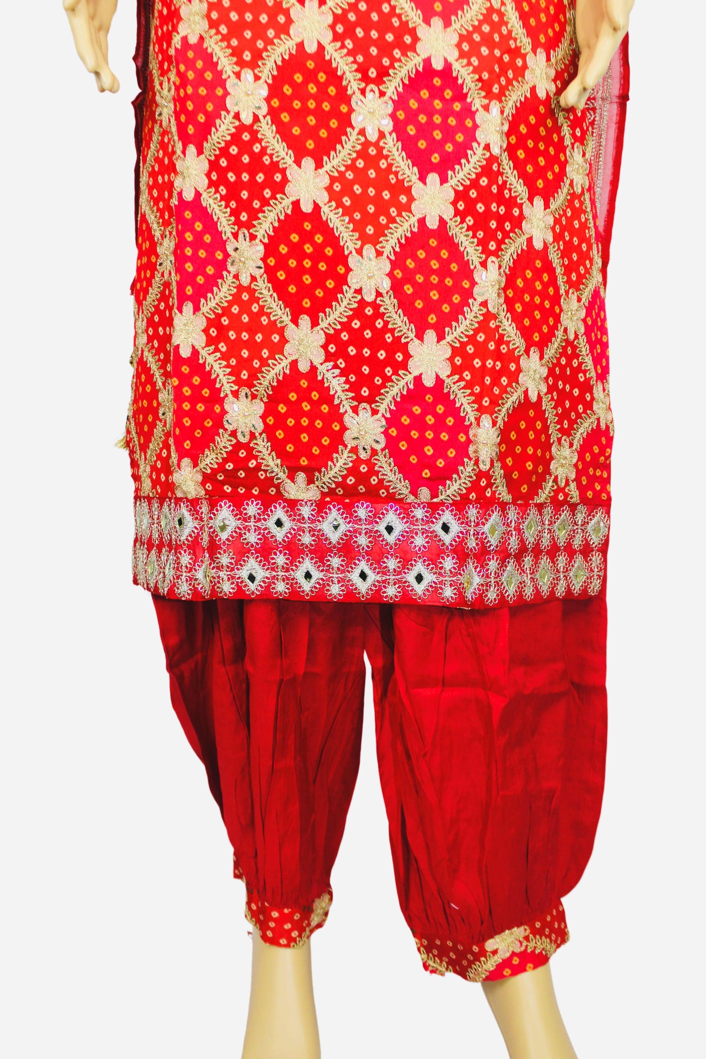 Stunning Red Bandhani 3-Piece Set – Embroidered Kurta with Mirror Work, Patiala Pants, and Luxe Sequence Dupatta – A Perfect Festive Attire