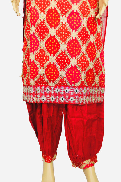 Stunning Red Bandhani 3-Piece Set – Embroidered Kurta with Mirror Work, Patiala Pants, and Luxe Sequence Dupatta – A Perfect Festive Attire