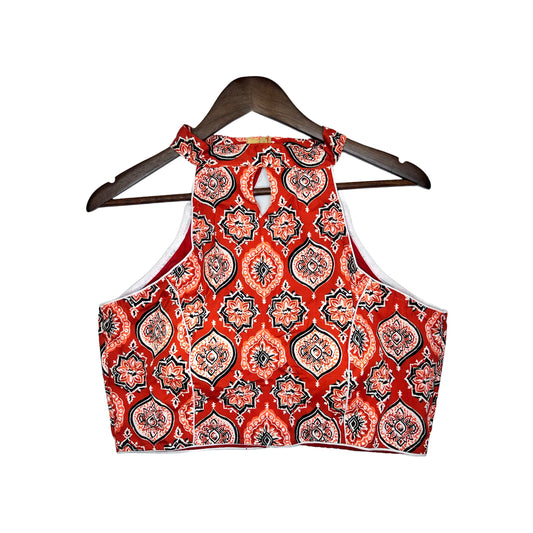 Red_Black_And_White_Ikkat_Sleeveless_Halter_Neck_Blouse