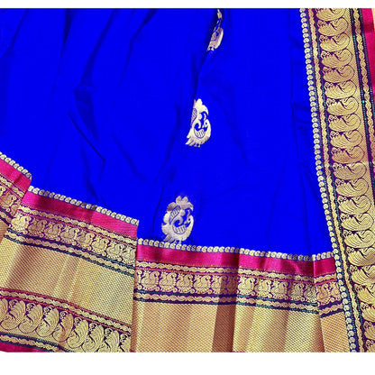 Royal Blue Paithani Gudi Vastra, Readymade Paithani Saree for Gudi Padwa Pooja Closeup