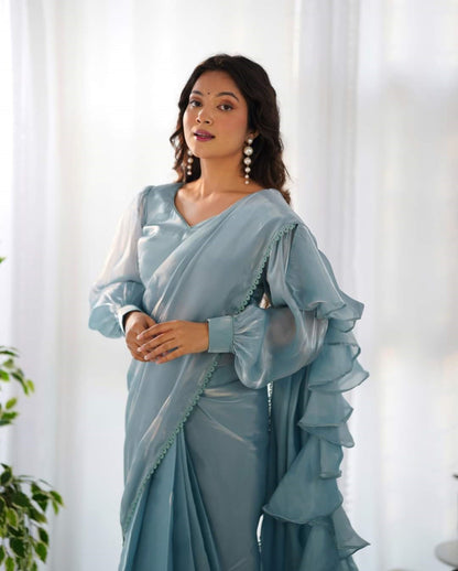 Sky Blue One-Minute Ready-to-Wear Jimmy Choo Organza Ruffle Saree with Fully Stitched Padded Blouse – Designer Saree for Effortless Elegance