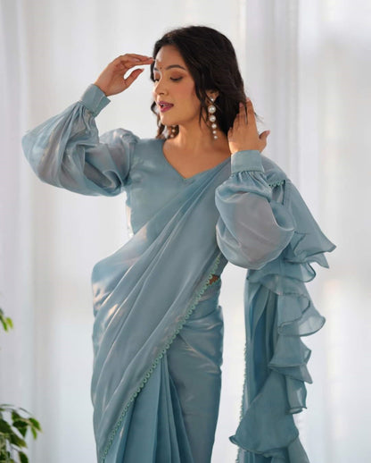 Sky Blue One-Minute Ready-to-Wear Jimmy Choo Organza Ruffle Saree with Fully Stitched Padded Blouse – Designer Saree for Effortless Elegance