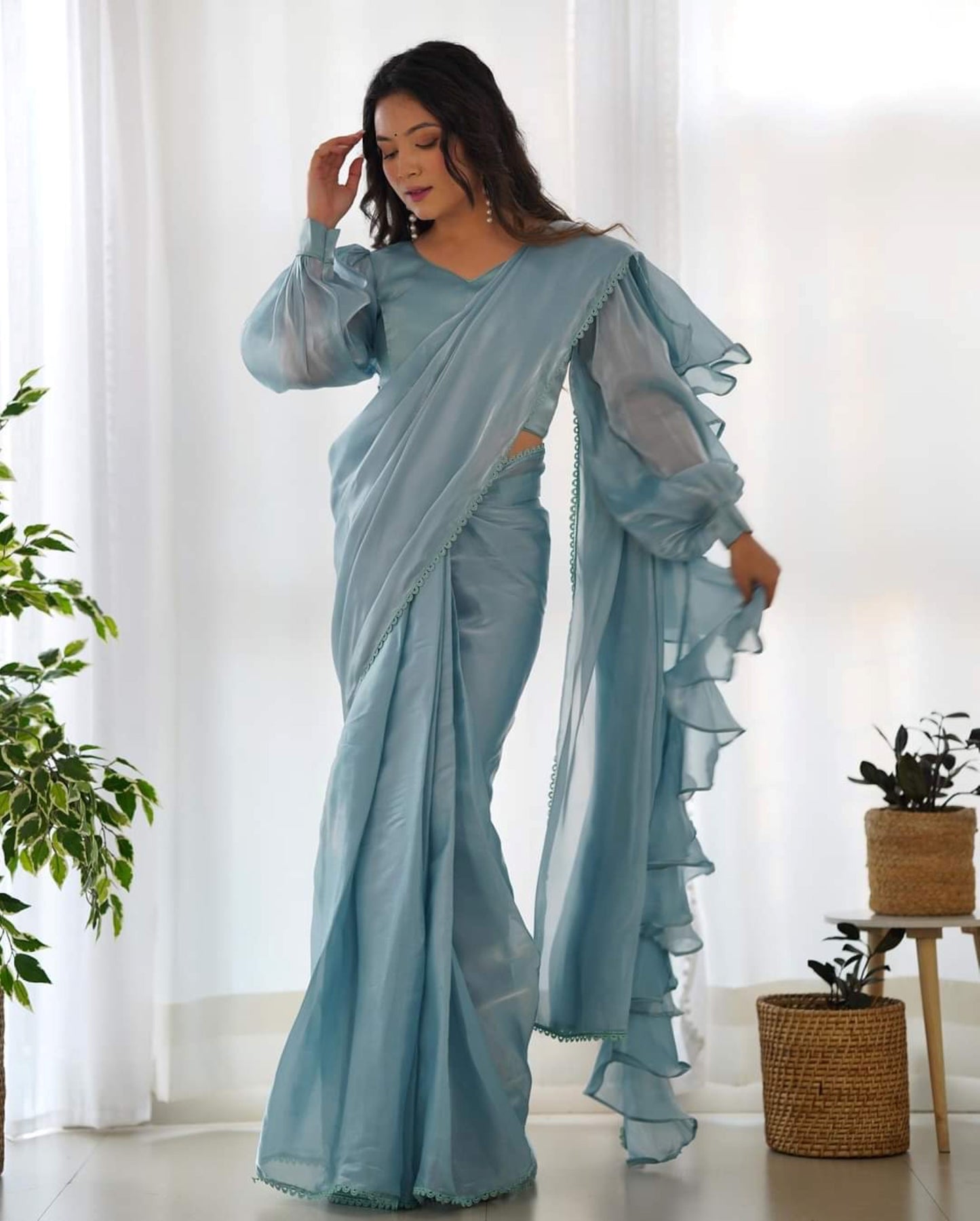 Sky Blue One-Minute Ready-to-Wear Jimmy Choo Organza Ruffle Saree with Fully Stitched Padded Blouse – Designer Saree for Effortless Elegance