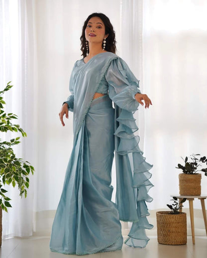 Sky Blue One-Minute Ready-to-Wear Jimmy Choo Organza Ruffle Saree with Fully Stitched Padded Blouse – Designer Saree for Effortless Elegance