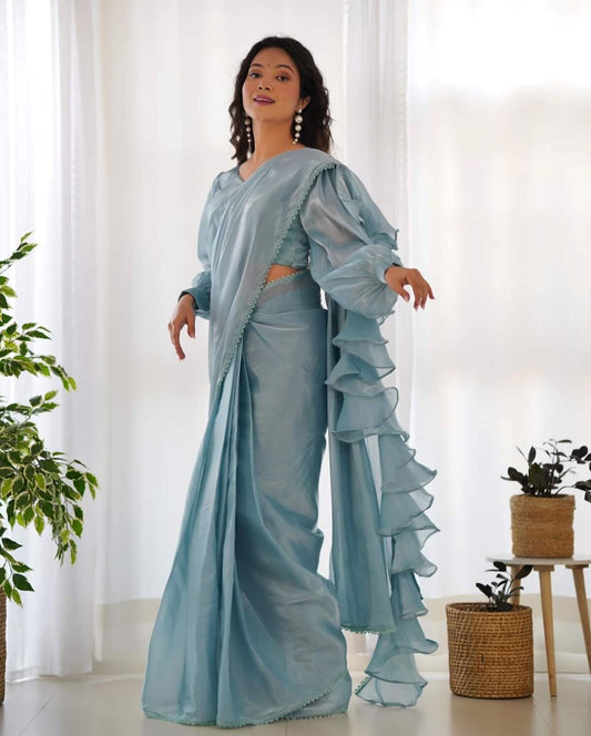 Sky Blue One-Minute Ready-to-Wear Jimmy Choo Organza Ruffle Saree with Fully Stitched Padded Blouse – Designer Saree for Effortless Elegance