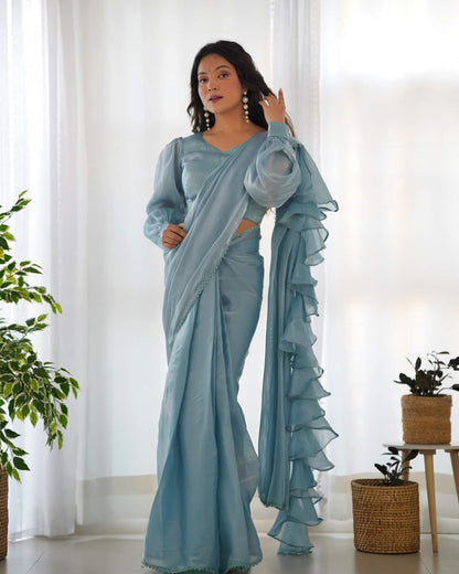 Sky Blue One-Minute Ready-to-Wear Jimmy Choo Organza Ruffle Saree with Fully Stitched Padded Blouse – Designer Saree for Effortless Elegance