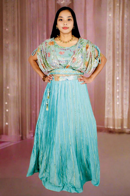 Stunning Turquoise Drop Shoulder Cape Style Crop Top and Skirt Set – Luxe Sequence Work in Chinon Silk Fabric for Glamorous Ethnic Wear_Main