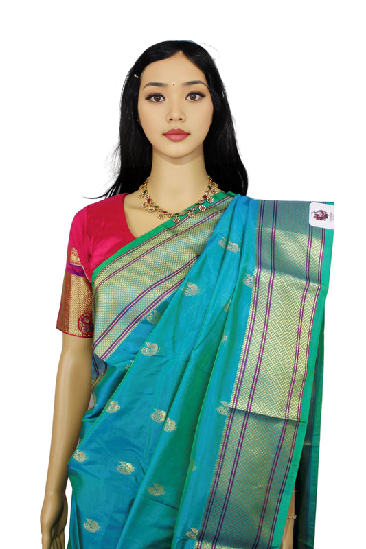 Elegant Semi Paithani Teal Blue Silk Saree with Traditional Zari Paithani Border & Matching Blouse Piece (Unstitched) - Perfect for Festivals & Special Occasions