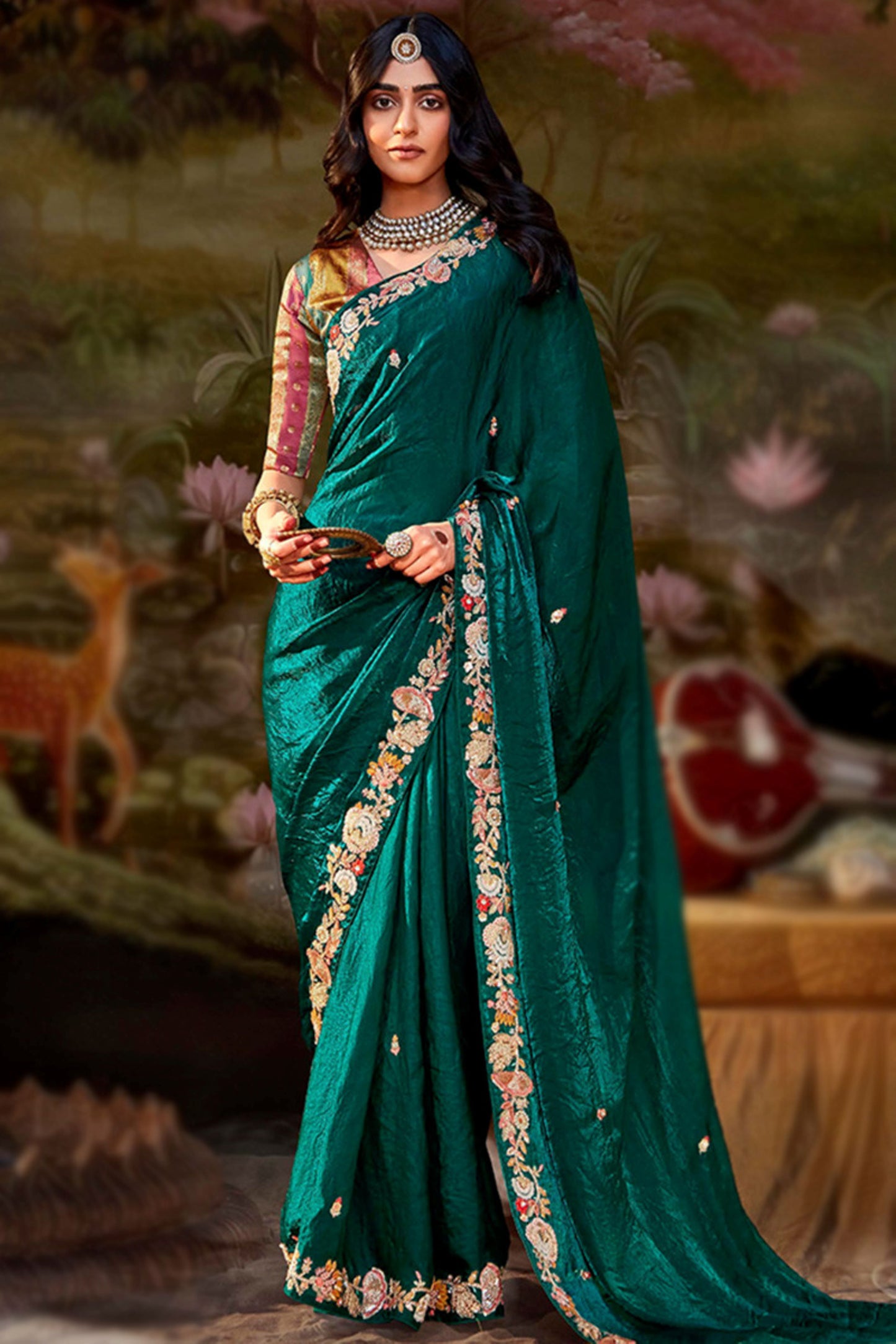 Teal Green Organza Saree with Intricate Floral Embroidery and Contrasting Readymade Blouse - Lightweight Designer Saree for Special Occasions