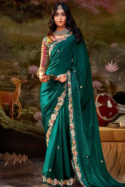 Teal Green Organza Saree with Intricate Floral Embroidery and Contrasting Readymade Blouse - Lightweight Designer Saree for Special Occasions