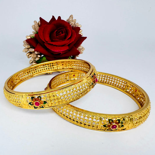 Traditional Indian Gold-Plated Bangle Set with Floral Motif - Elegant Bridal Jewelry