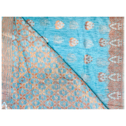 Turquoise Blue Multi Pure Linen Copper Zari Weaving Party Wear Saree