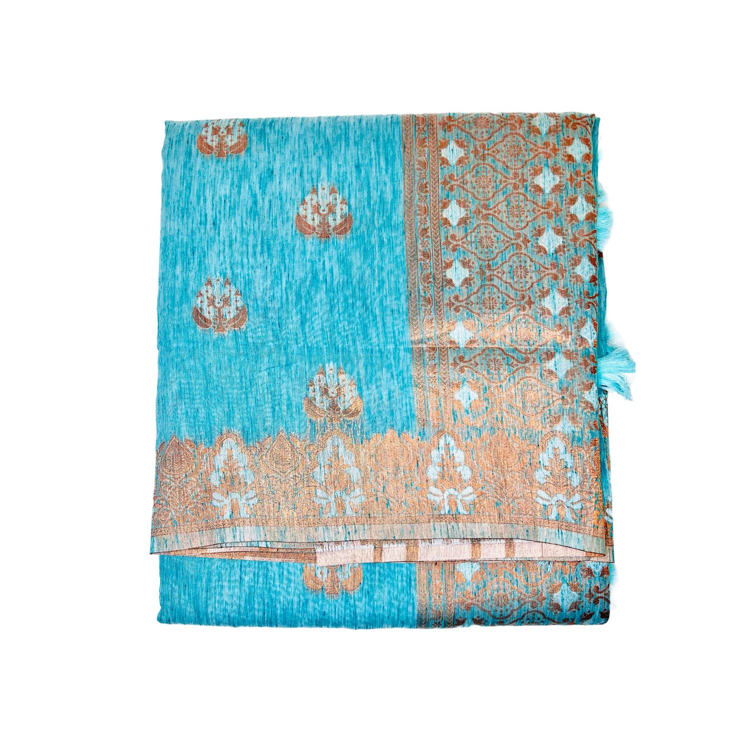 Turquoise Blue Multi Pure Linen Copper Zari Weaving Party Wear Saree