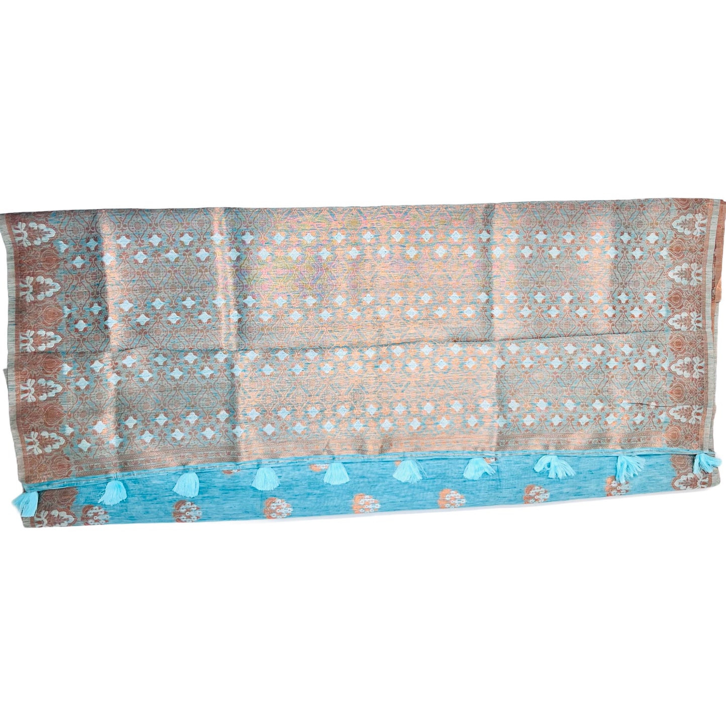 Turquoise Blue Multi Pure Linen Copper Zari Weaving Party Wear Saree