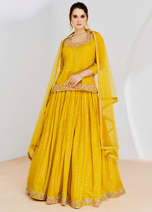 Mustard Yellow Embroidered Lehenga Set for Women | Georgette Fabric with Floral Embellishments | Easy Custom Fit | Traditional Indian Party Wear