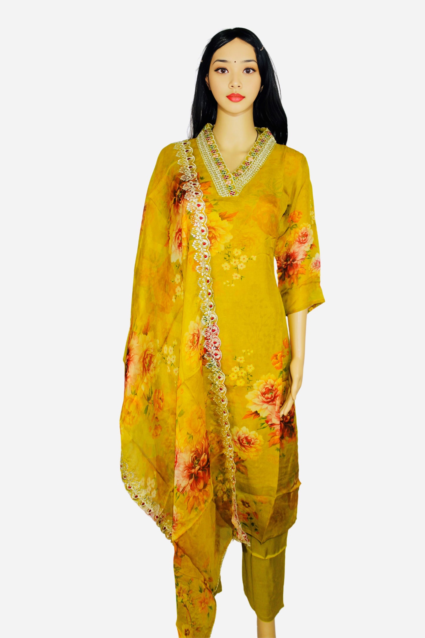 Women’s Mustard Floral Print Chiffon Kurta Set with Embroidered Dupatta – Traditional Indian Outfit for Festive Occasions