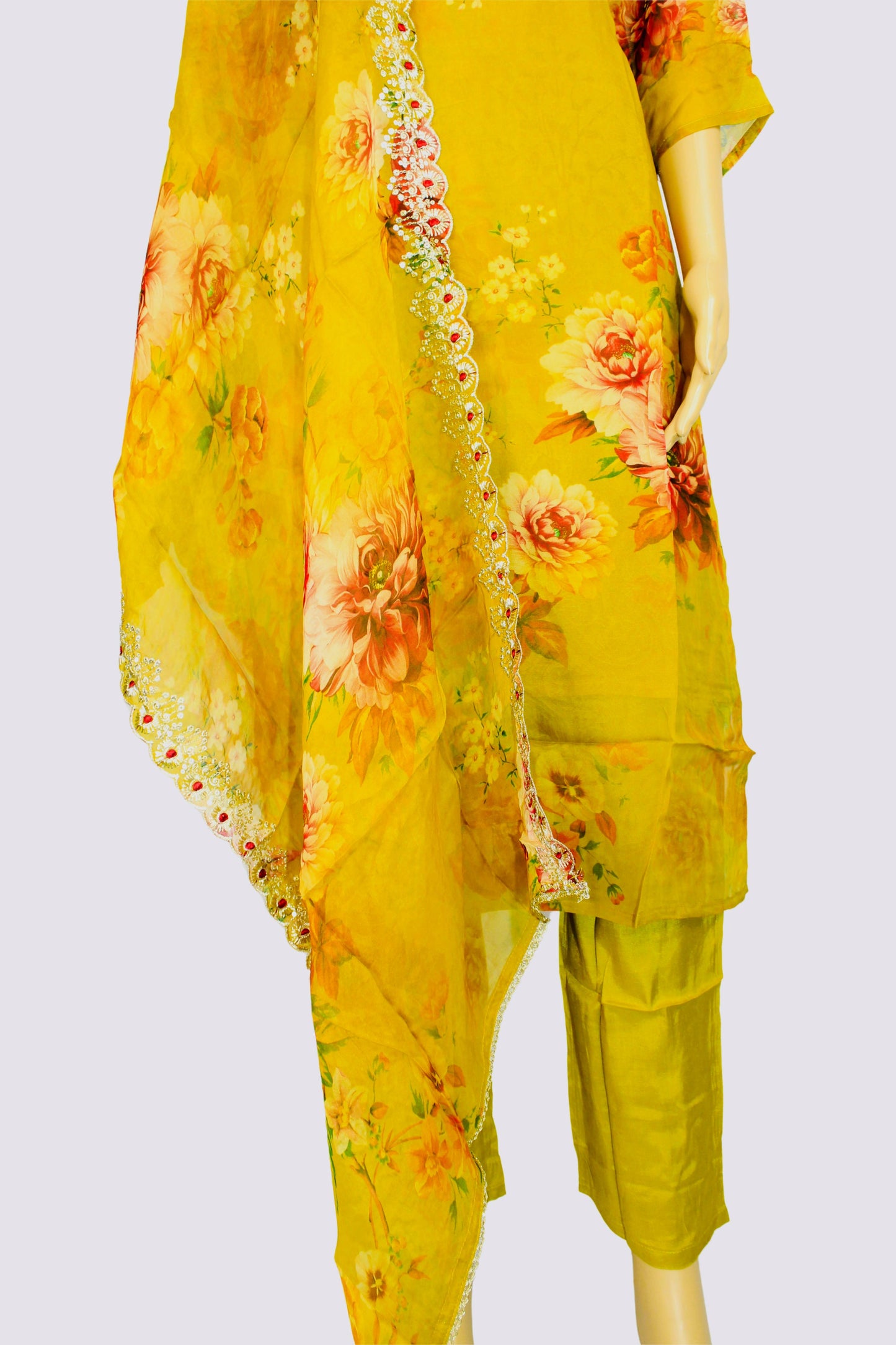 Women’s Mustard Floral Print Chiffon Kurta Set with Embroidered Dupatta – Traditional Indian Outfit for Festive Occasions