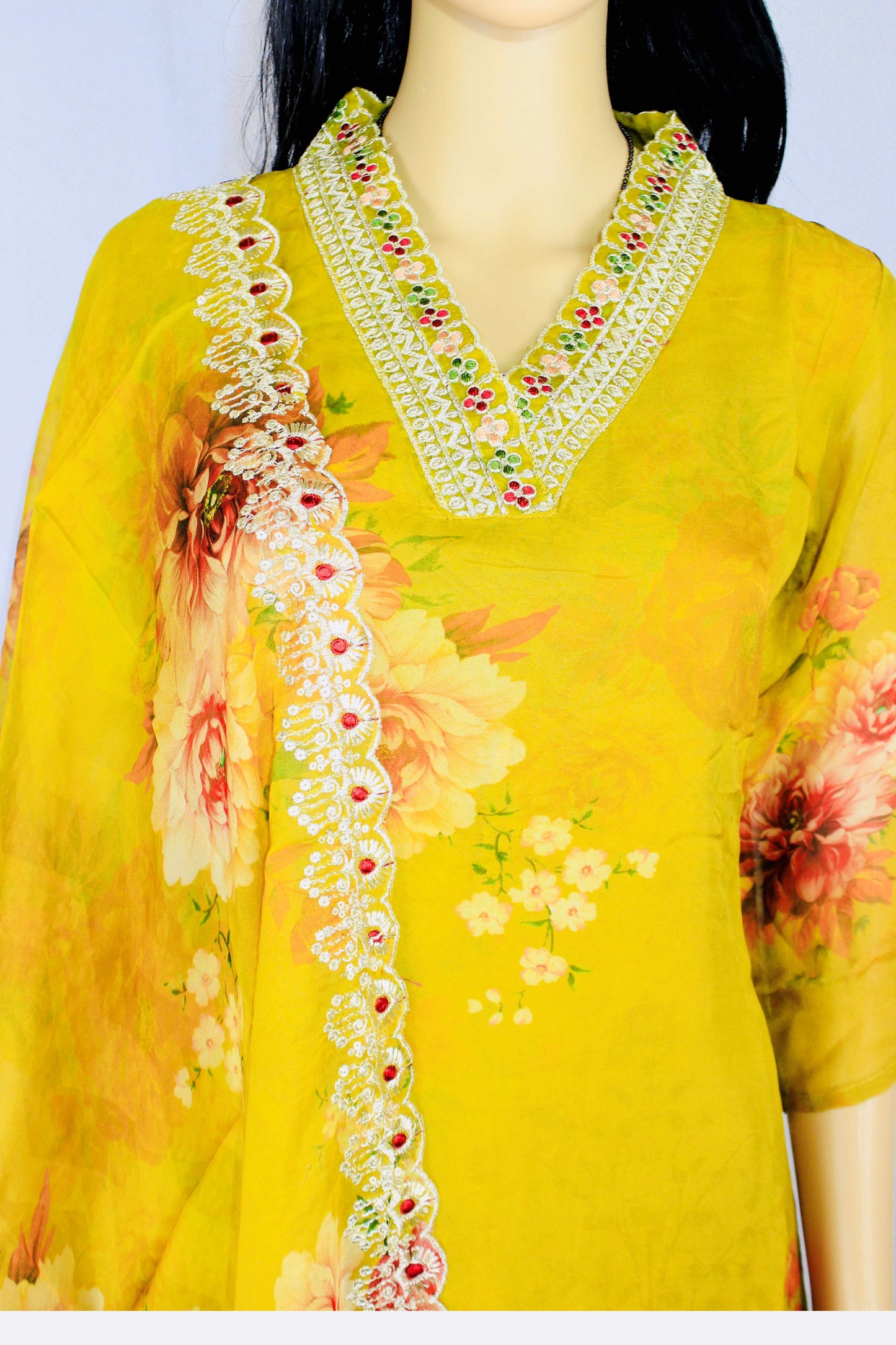 Women’s Mustard Floral Print Chiffon Kurta Set with Embroidered Dupatta – Traditional Indian Outfit for Festive Occasions