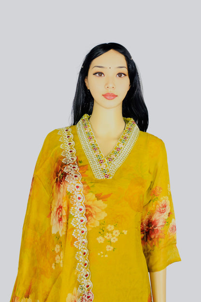 Women’s Mustard Floral Print Chiffon Kurta Set with Embroidered Dupatta – Traditional Indian Outfit for Festive Occasions