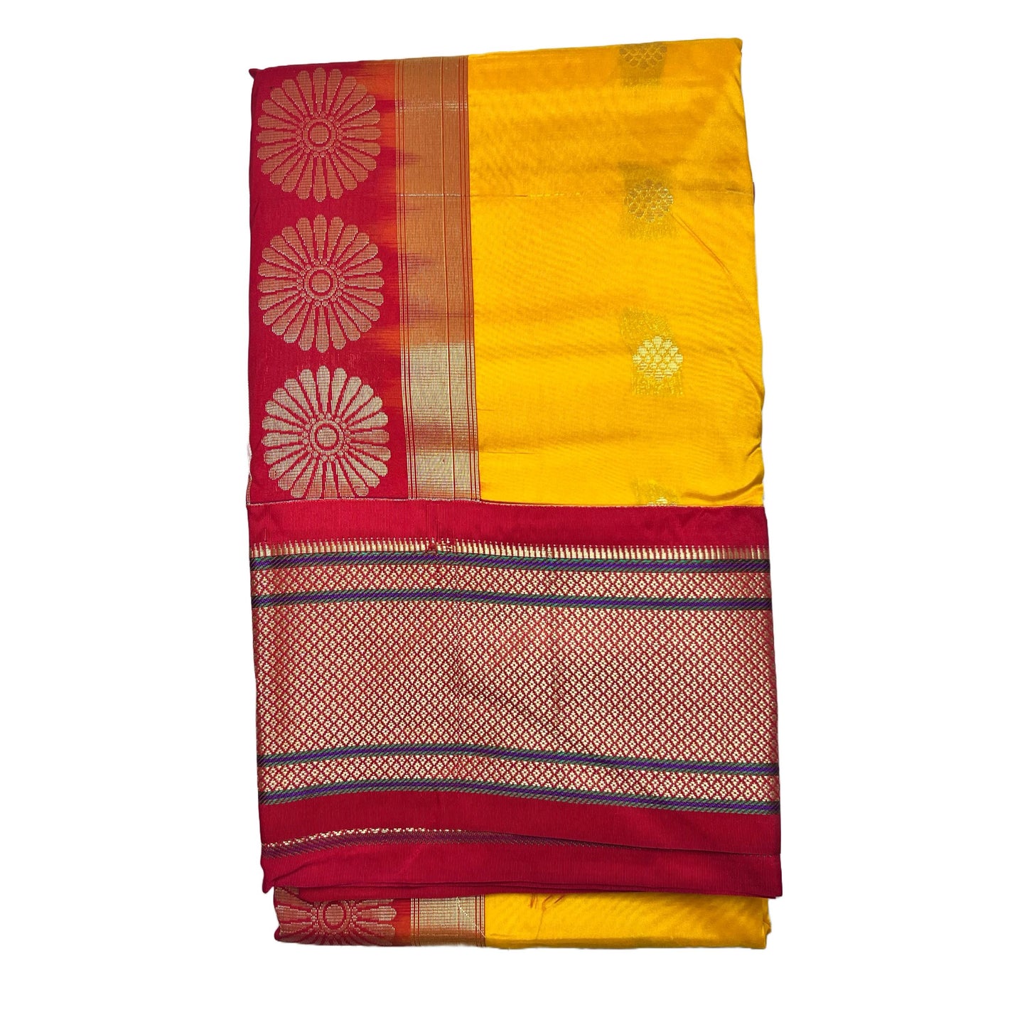 Yellow And Red Kadiyal Semi Silk Paithani Saree