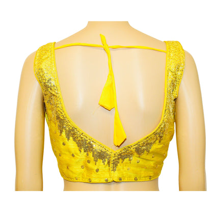 Yellow Color Milan Silk Sequence Work Readymade Blouse, Designer Blouse, Crop Top, Tunic Top, Fancy Blouse, Party Wear Blouse, Wedding Blouse