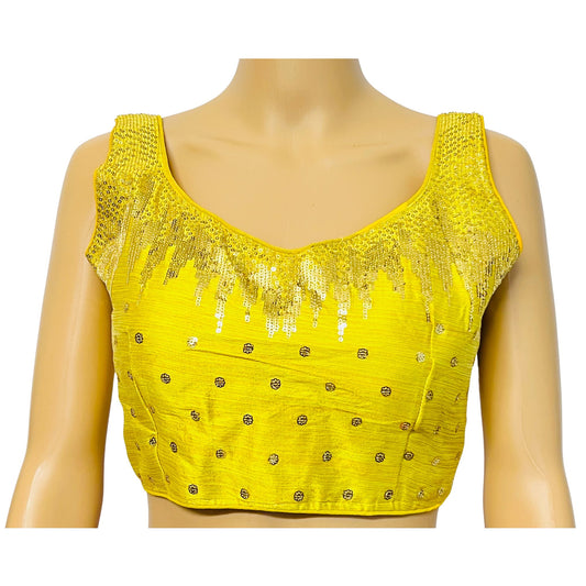 Yellow Color Milan Silk Sequence Work Readymade Blouse, Designer Blouse, Crop Top, Tunic Top, Fancy Blouse, Party Wear Blouse, Wedding Blouse