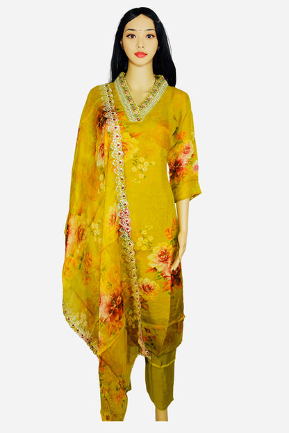 Women’s Mustard Floral Print Chiffon Kurta Set with Embroidered Dupatta – Traditional Indian Outfit for Festive Occasions