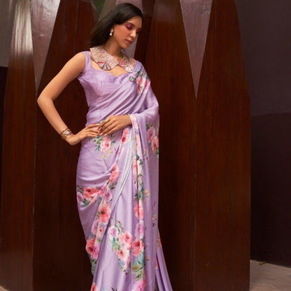 Lavender Digital Floral Printed Satin Crepe Saree, Party Wear Saree