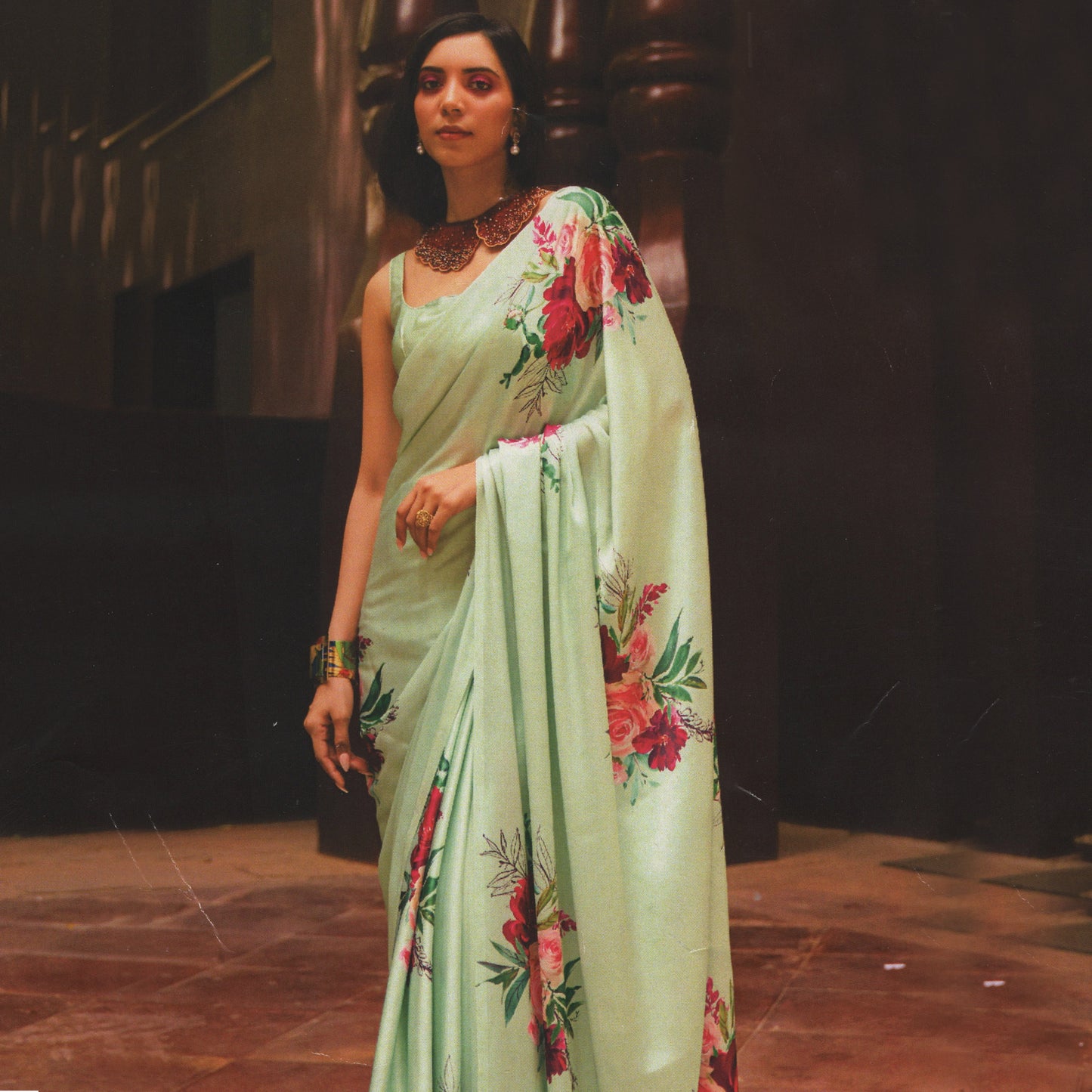 Pastel Green Digital Floral Printed Satin Crepe Saree, Party Wear Saree