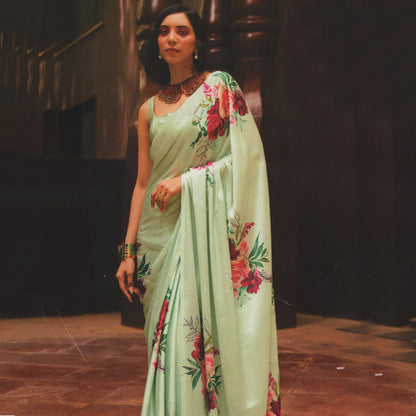 Pastel Green Digital Floral Printed Satin Crepe Saree, Party Wear Saree