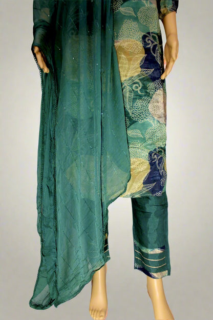 Green Satin Floral Print Kurta Set with Sequin Dupatta – Perfect for Any Occasion