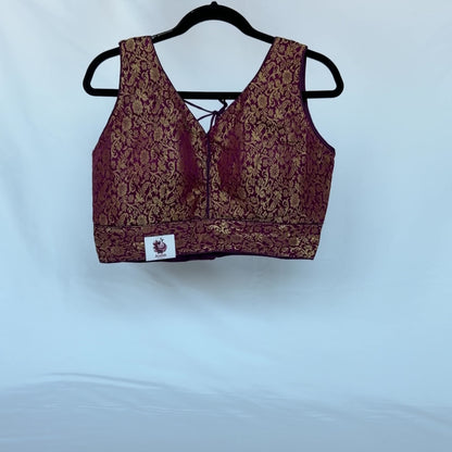 Wine Purple Gold Brocade Blouse, Ready to Wear Indian Blouse, Padded Designer Blouse, Deep Back Neck Blouse, Party wear blouse, crop top
