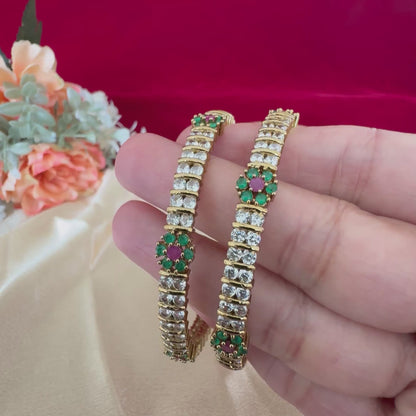 Elegant Gold Finish Crystal Bangles Set with Emerald Ruby Floral Design | Elegant Indian Bridal & Festive Kada | 2 Pc Set | ethnic bangles