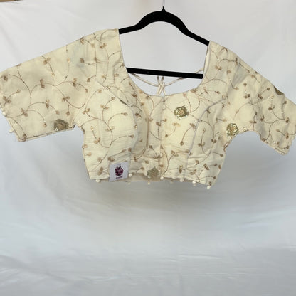 Ivory Khadi Cotton Sequin Blouse, Gold Embroidery Saree Blouse, Front Open Readymade Blouse, Short Sleeve Indian Blouse, Wedding Blouse