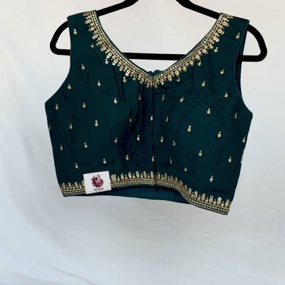 Dark Teal Jacquard Saree Blouse, Gold Embroidered Designer Blouse, Deep Back Neck Blouse with Latkan, Ready to Wear Indian Blouse, Crop top