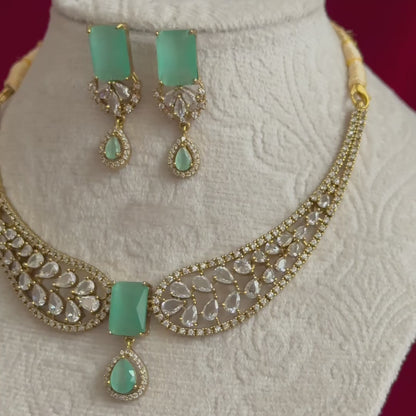 Turquoise CZ Necklace Set for Women, Gold Tone Statement Jewelry Set, Bridal Party Necklace Earrings Set, Indian Wedding Jewelry, Elegant P