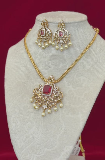 Ruby Red AD Stone Necklace Set, Gold Tone Pendant Necklace with Pearl Drops, Matching Earrings, Indian Wedding Jewelry, Ships from USA