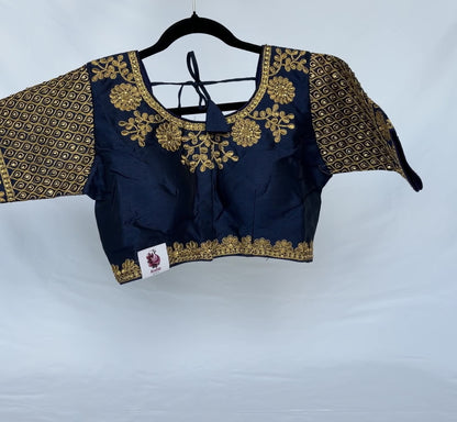 Navy Blue Jacquard Saree Blouse with Gold Embroidery, Designer Indian Blouse, Readymade Silk Blouse, Wedding Festive Blouse, Lehenga blouse