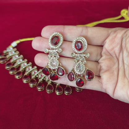 Maroon Kundan Necklace Set with Earrings & Maang Tikka, Indian Bridal Jewelry Set, Gold Tone Kundan Wedding Necklace, Traditional Jewelry