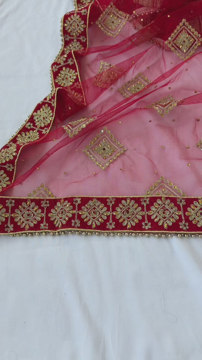Red Bridal Net Dupatta with Heavy Embroidered Border | Wedding Chunni for Bride | Gold Zari & Sequin Work | Indian Dulhan Dupatta | Bridal Veil