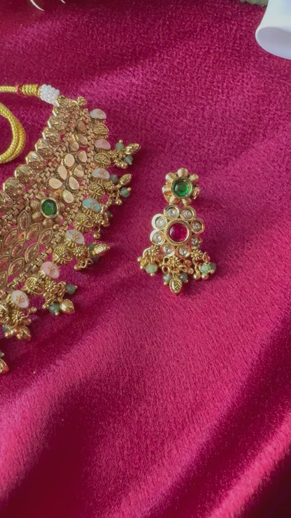 Antique Gold Indian Choker Necklace Set with Earrings, Multicolor Stone Temple Jewelry, Traditional Bridal Wedding Statement Necklace Set