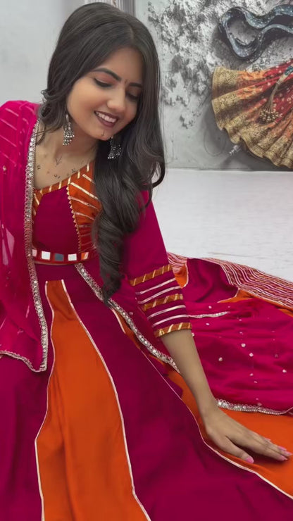 Navratri Lehenga Choli for Women, Pink Orange Cotton Garba Chaniya Choli, Mirror Work Dandiya Outfit, Indian Wedding Festive Lehenga Set