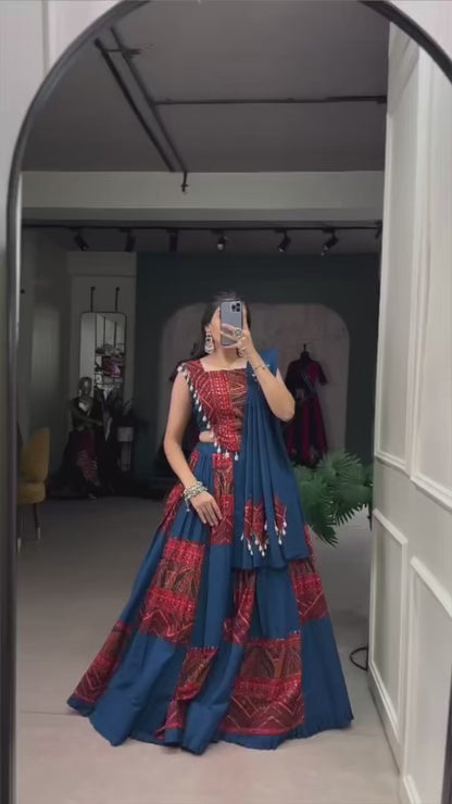 Navratri Lehenga Choli for Women, Blue Garba Chaniya Choli, Pure Cotton Lehenga with Dupatta, Gujarati Dandiya Outfit, Indian Festival Dress