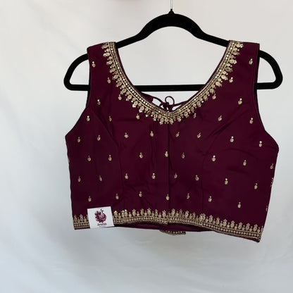 Wine Jacquard Saree Blouse, Gold Embroidered Designer Blouse, Deep Back Neck Blouse with Latkan, Ready to Wear Indian Blouse, Crop top