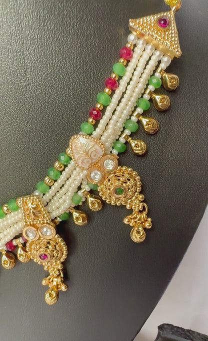 Handcrafted Pearl Beads Necklace Set | Green & Maroon Accents | Antique Gold Droplet Design | Festive Ethnic Jewelry with Matching Earrings