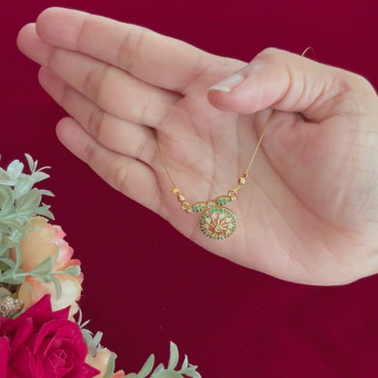 Emerald Green Invisible Chain Pendant Set with Stud Earrings | Gold Finish CZ Floral Round Pendant Necklace | Elegant Minimal Jewelry Set