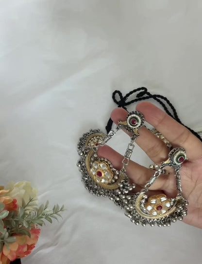 Oxidized Silver Gold Kundan Necklace Set, Indian Statement Jewelry, Navratri Garba Dandiya Necklace, Long Earrings, Tribal Boho Jewelry